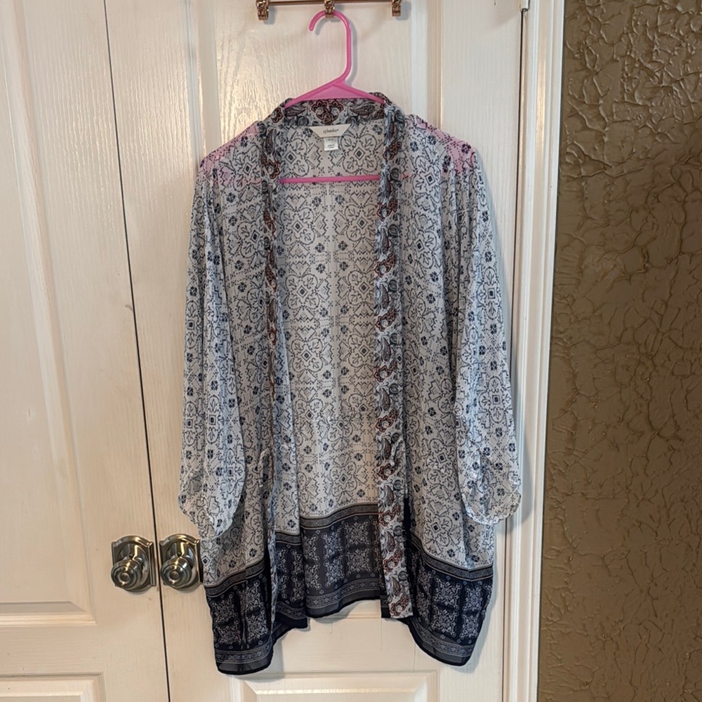Light Blue Patterned Open-Front Women's Drawstring Kimono